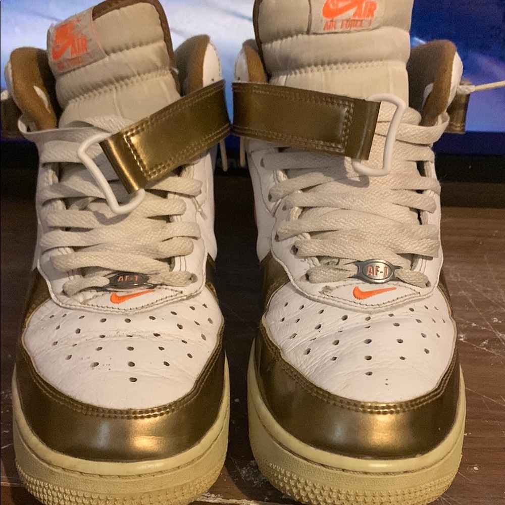 Nike Air Force 1 White and Metallic Gold Sneakers